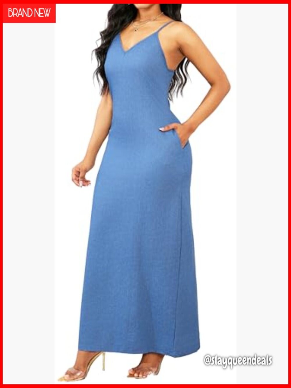 Maxi Dress Spaghetti Strap Pockets Casual Summer Sundress - Picture 5 of 6